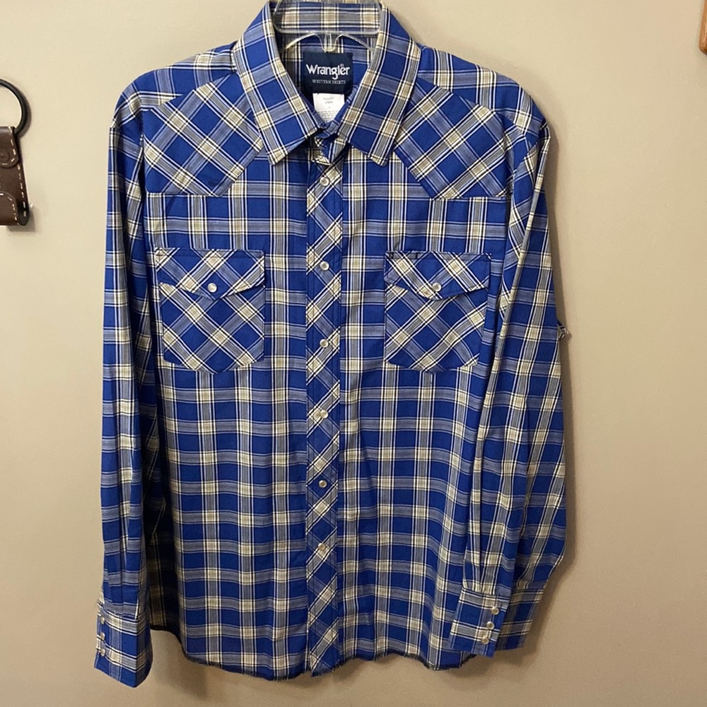 Wrangler Pearl Snap Western Mens Long Royal Blue Plaid Sleeve Shirt- Size L